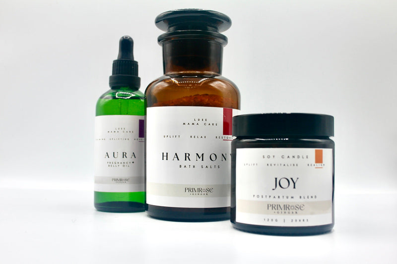 Postpartum care package with natural aromatherapy bath salts and candle  