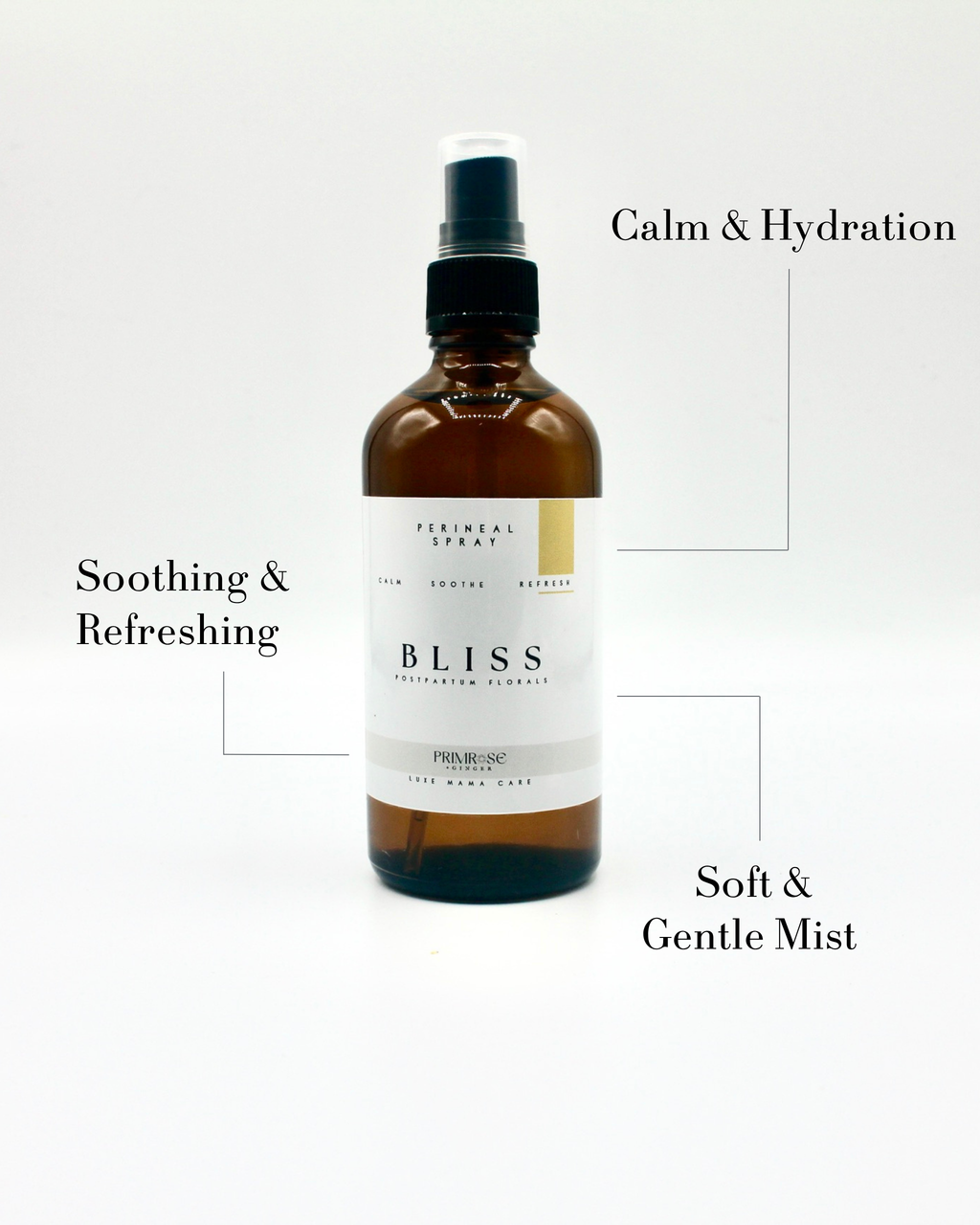 Bottle of 'Bliss' product with text describing its properties on a white background