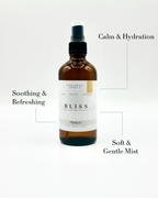 Bottle of 'Bliss' product with text describing its properties on a white background