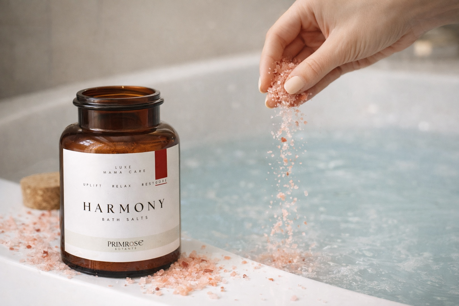 Hand pouring Himalayan luxury pink salt from a bottle labeled 'Harmony' into a bathtub.