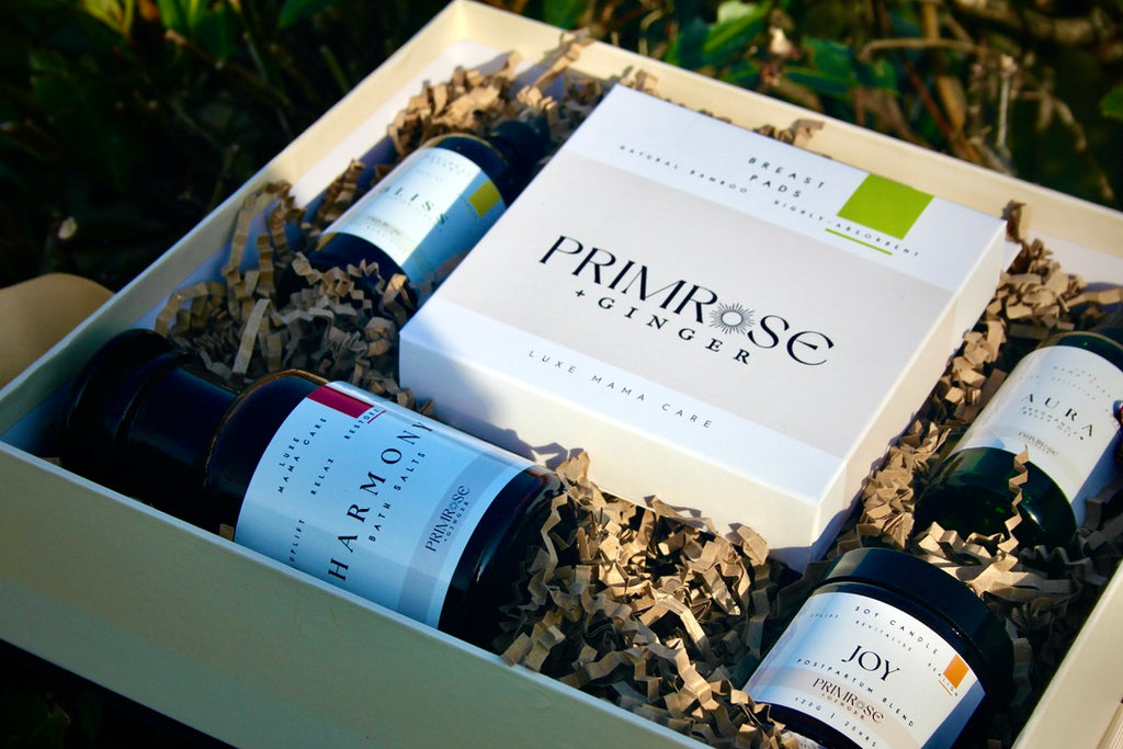 Postpartum gift set with natural wellness products for new mothers
